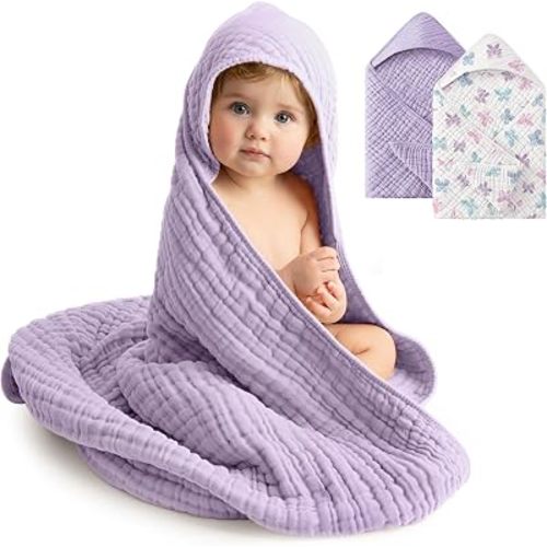 Baby Bath Towels, 100% Muslin Cotton Hooded Baby Towels for Newborn, 2 Pack Baby Towels with Hood for Infant Toddler and Kids, Large 32x32Inch Bath Essentials, Soft and Absorbent