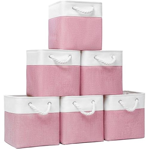 Fabric Storage Cubes, 11 inch cube storage bin with Handles, 11x11cube storage organizer bins, Collapsible Storage Bins for Shelves and Home, Cubby Storage Bins (White-Pink, 10.5x10.5x11in)