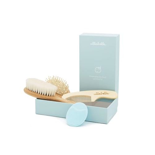 Ullabelle 4 Piece Wooden Baby Hair Brush and Comb Set for Newborns & Toddlers in Chic Gift Box - Ultra Soft Natural Goat Hair and Wood Baby Brush Set Prevents Cradle Cap - Perfect Registry Gift (Blue)