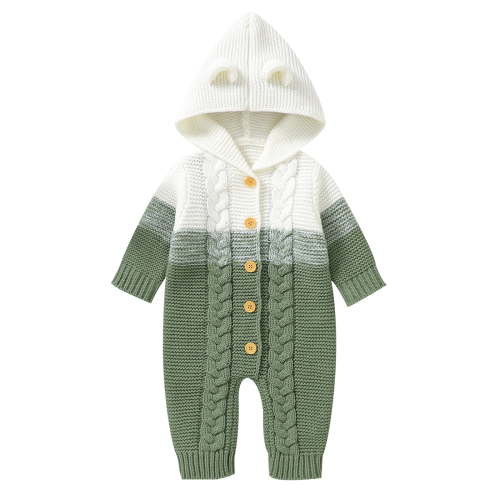 FYMNSI Newborn Baby Girl Boy Hooded Romper Infant Button Down Knitted Jumpsuit Fall Winter Clothes 0-3 Months Green