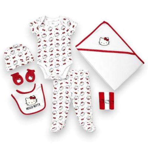 Hello Kitty Baby Girls' 10-Piece Essential Layette Set-Bodysuit, Footed Pants with Beanie, Bib, Mittens, 3pc Washcloths & Blanket, White, 6 Months