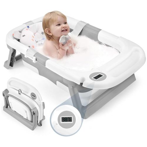 Baby Bathtub, Newborns Bath Essentials, Portable Bath tub For Infant 0-24 Months，Baby Shower Gifts With Soft Cushion,Temperature Sensor and Tray