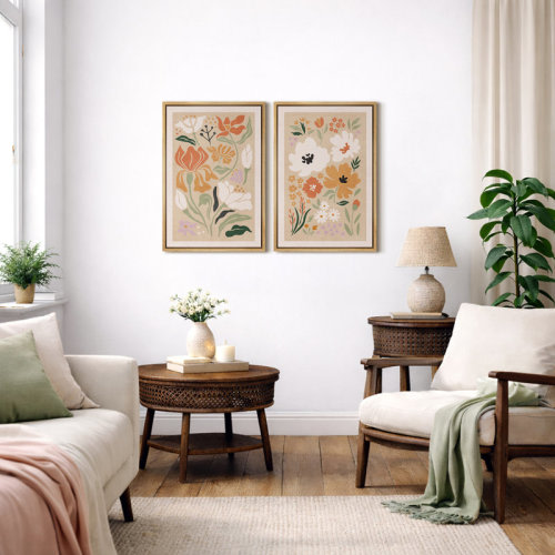 IDEA4WALL Abstract Botanical "Vibrant Orange & Green Boho Floral Artwork, Modern French Country Wall Pictures, Framed Canvas Giclee Print 2 Pieces Wall Art Set" & Reviews | Wayfair