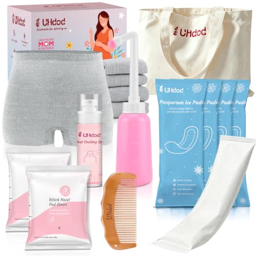UHdod Postpartum Recovery Kit, Postpartum Care for New Mom Labor Delivery | Includes Disposable Underwear, Instant Ice Pads, Cooling Spray, Soothing Liners, Peri Bottle, Birthing Comb, Canvas Bag
