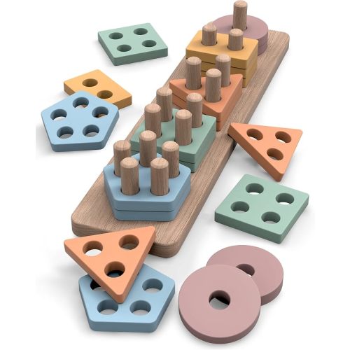 GOPO TOYS Montessori Toys for 1+ Year Old – Wooden Shape Sorter & Stacking Puzzle – Toddler Learning, Fine Motor Skills & Developmental Toy for Boys & Girls