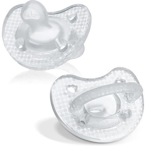 Chicco PhysioForma Luxe Silicone One Piece Pacifier for Babies Aged 0-6m | Fashion Textured Shield | BPA & Latex Free | Reusable Sterilizing Case | Crystal, 2pk
