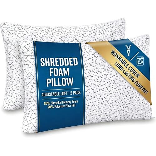 Adjustable Memory Foam Pillows: 2 Pack King Size Shredded Foam Bed Pillow for Sleeping with Removable & Washable Pillowcase for All Sleep Positions