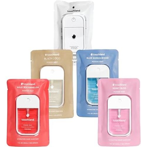 Touchland Hydrating Hand Sanitizer Spray Bundle, DREAM 5 Set (Watermelon, Berry, Beach Coco, Sandalwood Power Mists, Icy White Hand Mist Case), 1 FL. OZ. Travel Size