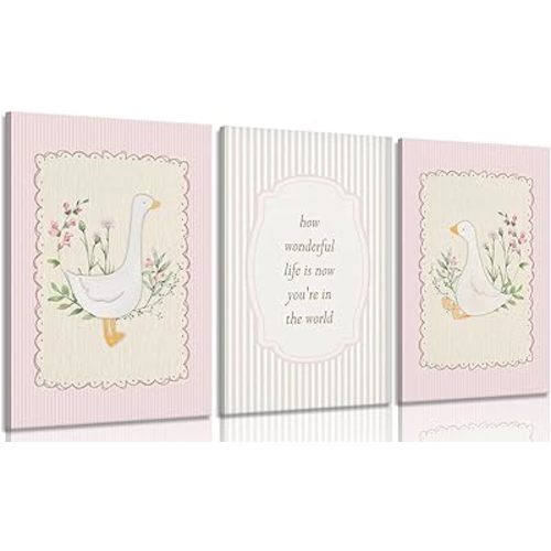 Ijeroain Vintage Pink Silly Goose Canvas Wall Art Neutral Floral Print Painting Preppy Aesthetic picture Inspirational Nursery Wall Decor Suitable for Girls Children's Room Home Decoration 12x16in