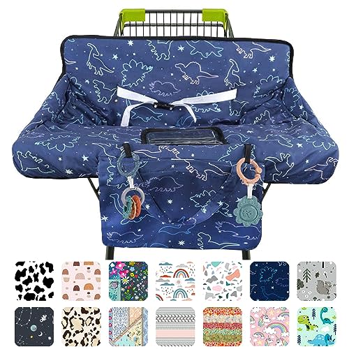 Polovillae Shopping Cart Cover for Baby 2-in-1 High Chair Cover with Safety Harness Multifunctional Dark Blue Dinosaur Pattern Cart Covers for Babies Soft Padded Grocery Cart Cover for Baby Boy Girl