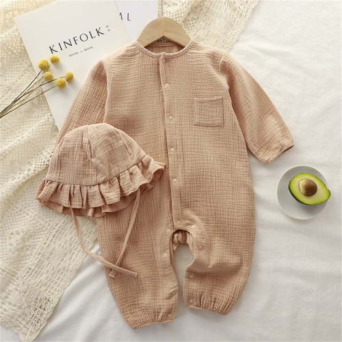 Nrmvnmi Newborn Baby Boy Girl Cotton Linen Jumpsuit Outfits Round Neck Long Sleeve Solid Color Romper + Ruffle Hat 2 Pcs Set