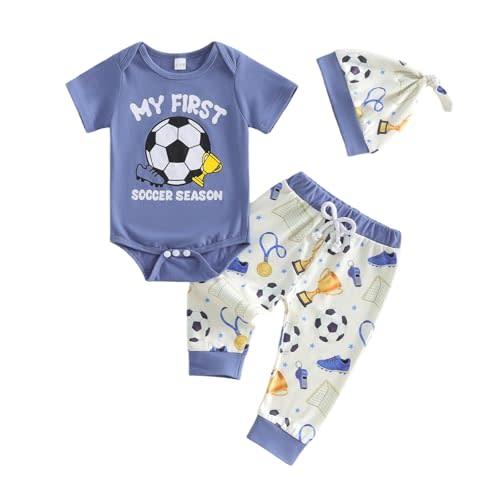 Newborn Baby Boy Soccer Outfit My First Soccer Season/New Playwer Romper Long Pants Hat 3Pcs Summer Clothes