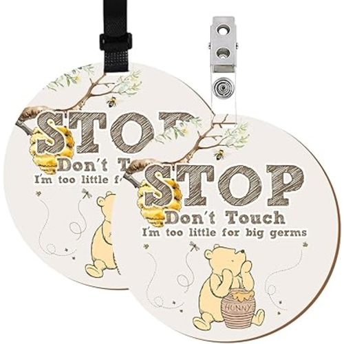 Xendelow compatible with 2 Pack Winnie No Touching Baby Signs, The Pooh Dont Touch Baby Sign for Car Seat Sign, Winnie Please Dont Touch Baby Sign for Newborn, Wooden Car Seat Signs, Stroller Tags with Hanging Strap and Clip