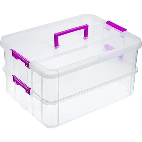 JUXYES 2-Tiers Stack Carry Storage Box With Handle, Transparent Stackable Storage Bin With Handle Lid Latching Storage Container for School & Office Supplies