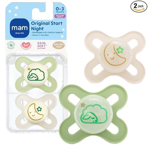 MAM Original Start Night Baby Pacifiers 0-3 Months Newborns, BPA-Free Skin Soft Silicone Nipple, Glows in The Dark, Developed with Medical Experts, 2 Count with Sterilizer Case