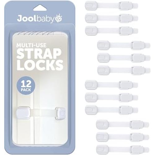 Jool Baby Child Safety Strap Locks (12 Pack) Baby Proof Cabinets, Drawers, Fridge, Toilet & Trash Cans – 3M Adhesive Childproof Locks
