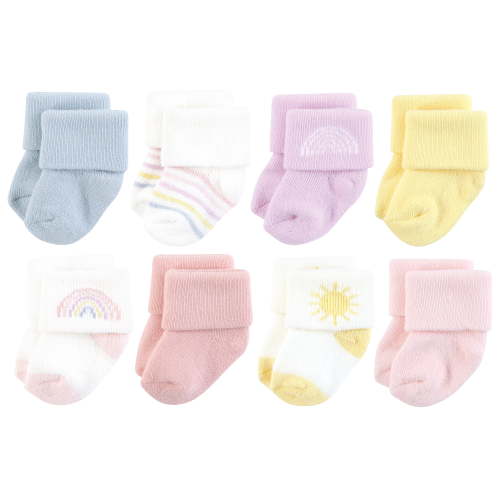 Hudson Baby Infant Girl Cotton Rich Newborn and Terry Socks, Pastel Sun And Rainbow, 0-6 Months