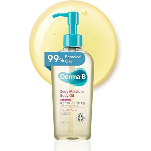 Derma B | Daily Moisture Body Oil | 99% Natural Argan & Sweet Almond Oil | Shower Oil for Dry Sensitive Skin | Light & Long-Lasting Hydration | Skin Body Care Oil with Peach Scent | 6.78 fl oz (200ml)