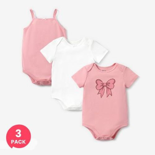 PATPAT Baby Girl Cotton Rompers and Jumpsuits 3 Pack Pink Bow Print Short Sleeve Onesies