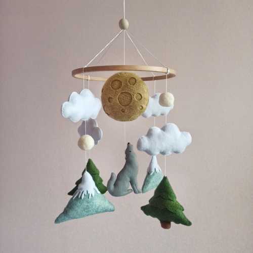 Howling Wolf Baby Mobile, Woodland Nursery Decor, Godmother Gift