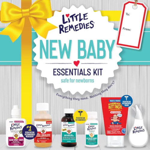 Little Remedies New Baby Essentials Kit with Saline Nasal Spray, Diaper Rash Cream, Gas Relief Drops, Gripe Water & More, Safe for Newborns