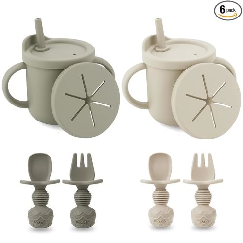 PandaEar 2 Pack Silicone Baby Straw & Snack Cup with 2 Spoons 2 Forks, Dual-Purpose Toddler Training Cups, Light Tan/Walnut