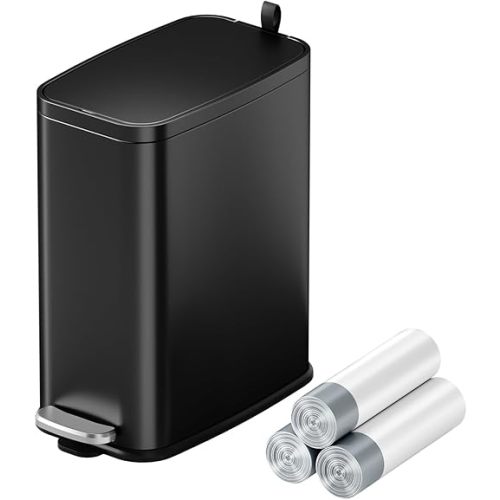 Small Bathroom Trash Can with Lid Soft Close 1.6 Gallon Mini Black Garbage Can Slim with Step Pedal Stainless Steel, for Bathroom, Toilet, Bedroom, Kitchen