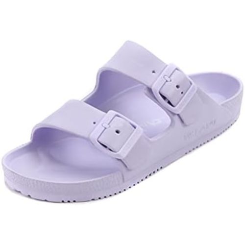 VICT POPU Womens Sandals Adjustable Double Buckle Strap Waterproof EVA Flat Slides
