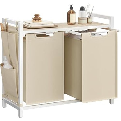VASAGLE Laundry Hamper, Laundry Basket Sorter with 2 Pull-Out and Removable Bags, Shelf, Metal Frame, 2 x 12.1 Gallons (46 L), 28.8 x 13 x 28.4 Inches, Cappuccino Beige and Natural Beige UBLH201LH01