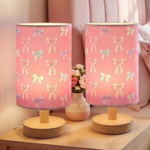 Pink Bow Table Lamps Set of 2 for Girls Bedroom, Nursery Nightstands Decor