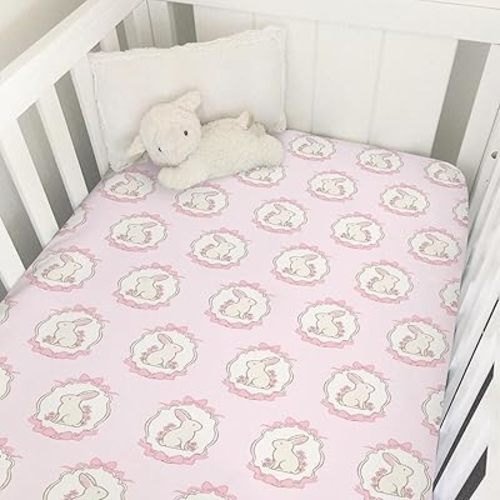 Pastel Pink Easter Bunny Ribbon Baby Crib Sheets for Boy Girl Cute Bunnies Floral Bows Soft Snug Fitted Crib Mattress Covers 52''x28'' Standard Crib & Toddler Mattress Preppy Spring Rabbits Bed Sheets