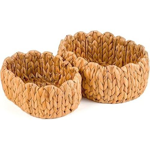 Set of 2 Small Wicker Storage Basket, Oval Water Hyacinth Baskets for Organizing, Scalloped Edge Rattan Basket for Shelf Organizer, Nursery Room