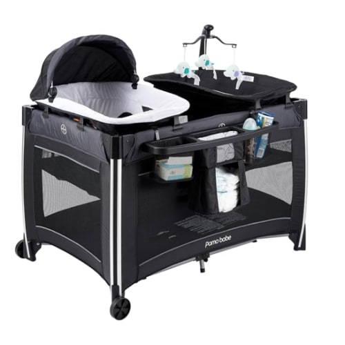 Pamo Babe 4 in 1 Baby Playards with Bassinet & Changing Table, Portable Crib Breathable Mesh and Toy Mobile