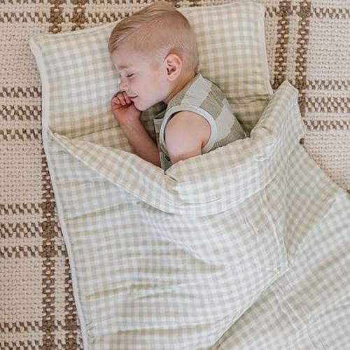 Makemake Organics GOTS Certified Organic Cotton Nap Mat with Detachable Pillow for Kids Soft Sleeping Bag for Toddlers, Boys, Girls - Ideal for Daycare, Preschool, Kindergarten