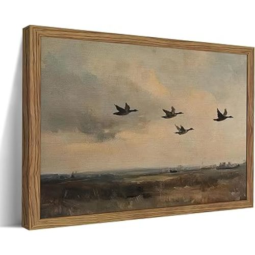 Vintage Flying Duck Wall Art, Retro Rustic Birds Landscape Wall Decor Paintings, Nature Wilderness Hunting Animal Posters Prints Pictures for Bedroom Living Room Office 8x10 Inch Wood Framed