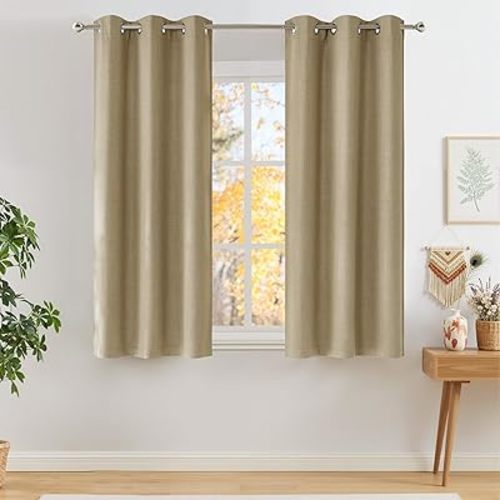 NICETOWN Short Faux Linen Oatmeal Blackout Curtains 63 inches Long for Kitchen - Privacy Panels for Living Room Bedroom, Modern Farmhouse Style Easy Care Grommet Top, 2 Panels, W42 by L63