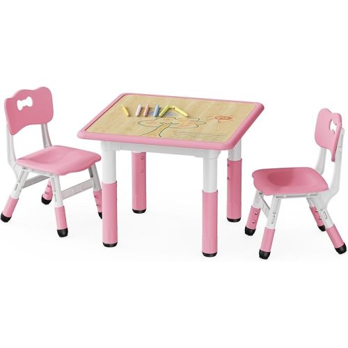 Brelley Kids Table and 2 Chairs Set, Height Adjustable Toddler Desk and Chair Set, Graffiti Desktop, Classroom/Daycare/Home, Children Multi-Activity Table for Ages 3-8
