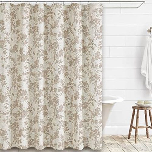 WOUVMA Extra Long Beige Shower Curtain Floral Cotton Linen Cottagecore Shower Curtain for Bathroom 90" L x 72" W