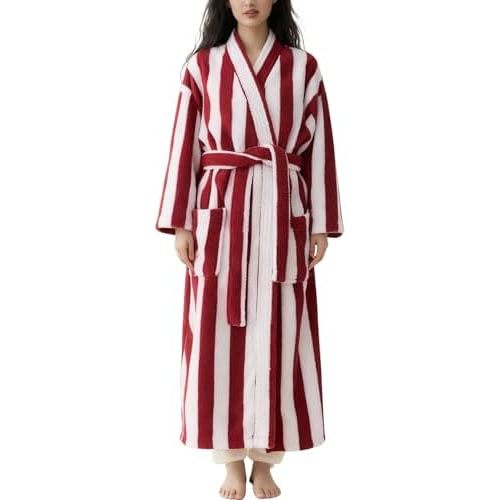 Womens Striped Fluffy Robe Long Plush Fuzzy Warm Bathrobes