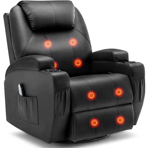 Korser Recliner Chair, Rocking Chair with Massage and Heat, 360° Swivel Recliner Chairs for Adults, Rocker Manual Recliner with Remote Control and Cup Holder for Living Room, Bedroom, Nursery