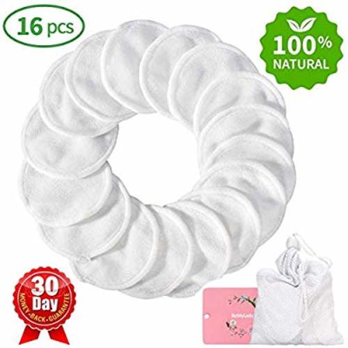 Reusable Makeup Remover Pads 16 Packs, Washable Organic Bamboo Cotton Rounds, Toner Pads, Facial Soft Cleansing Wipes with Laundry Bag