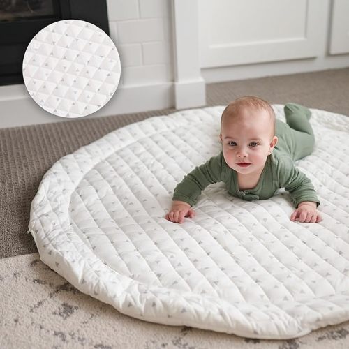 Round Baby Play Mat for Floor, 43" Reversible Tummy Time & Crawling Mat, Soft Cushioned Cotton Baby Playmat, Foldable & Machine Washable Activity Mat for Newborn to Toddler, Neutral Nursery & Playroom
