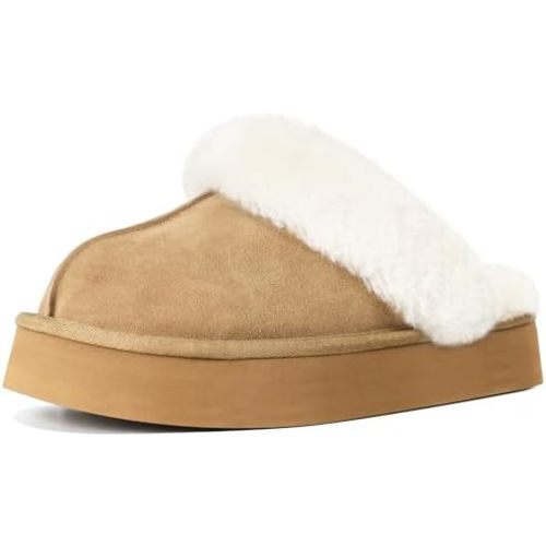 OOW Fuzzy Platform Slippers for Women - Women's Casual Winter House Slippers - Brown, Faux Fur & Shearling Blend - Women's Size