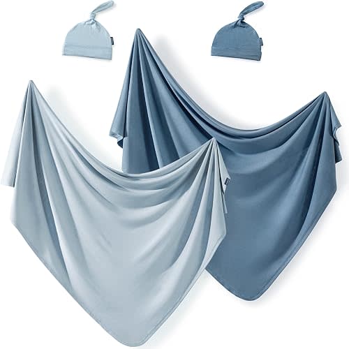 GRSSDER 2 Set Newborn Swaddle Blanket with Beanie(4 pcs), Ultra Soft Stretchy Jersey Knit Extra Large Size 33 x 44 Receiving Blankets for Easy Swaddling Baby Snug and Cozy