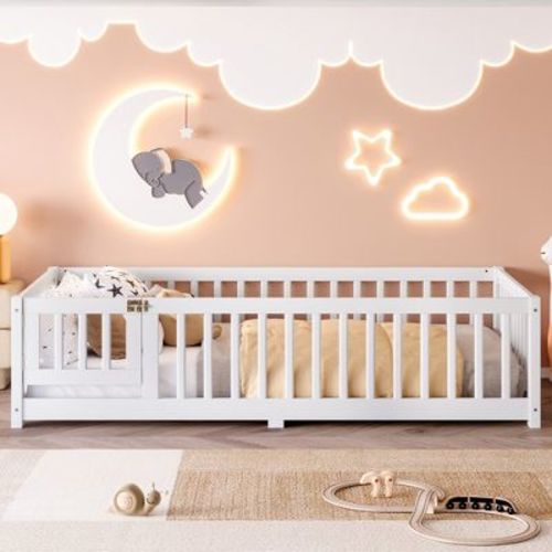 Bellemave Twin Montessori Floor Bed with Slats, Fence & Door, Low Twin Bed Frame with Center Support Bar, Easy Assembly, White