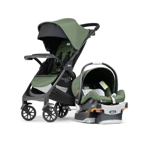 Chicco Bravino ClearTex Travel System w/KeyFit 30 Infant Car Seat & Base | Compact Travel System for Newborns & Toddlers, UPF 50+ Canopy w/ Visors, Adjustable Leg Rest, 1-Hand Fold, Green