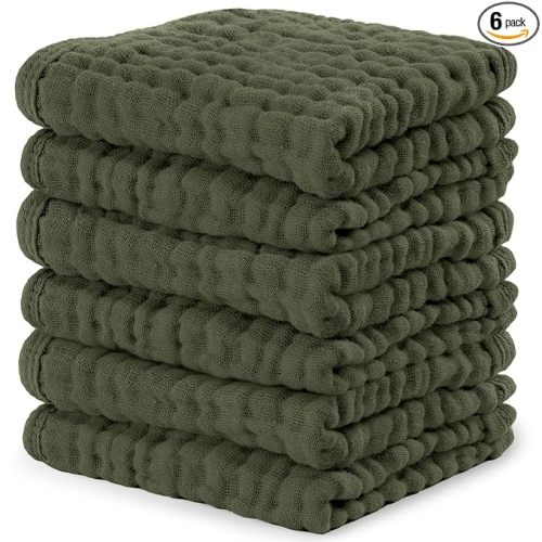 Comfy Cubs Muslin Baby Washcloths 6 Pack - Soft 6-Layer Cotton Wash Cloths for Sensitive Skin - 10"x10" Large, Gentle, Absorbent Infant Essentials for Newborn and Toddlers - Kelp