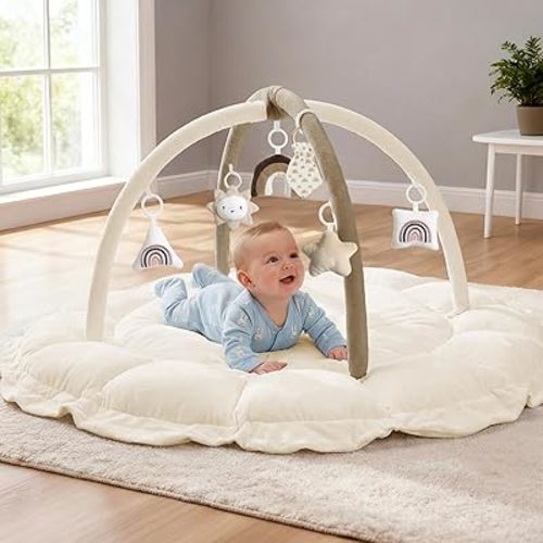 5-in-1 Thick & Plush Baby Play Gym, Baby Play Mats for Floor, Tummy Time Mat with 6 Toys, Convertible Stage-Based Developmental from Babies to Toddlers, Ball Pit, Brown