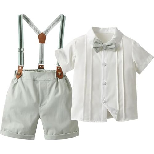 Boarnseorl Baby Boys Shorts Sets, Infant Shirt+Shorts+Bow Tie+Suspenders Outfits Suits