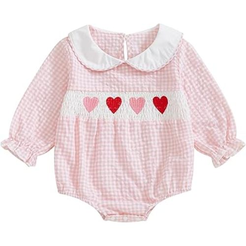 Owl's-Yard Baby Girl Plaid Romper Heart Embroidery Doll Collar Bodysuit Baby Girl Summer Outfits